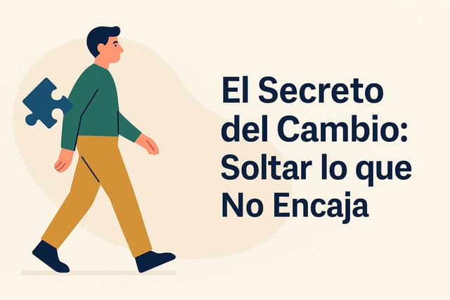 Ilustración vectorial de un hombre caminando mientras suelta una pieza de rompecabezas, con el título “El Secreto del Cambio: Soltar lo que No Encaja”.