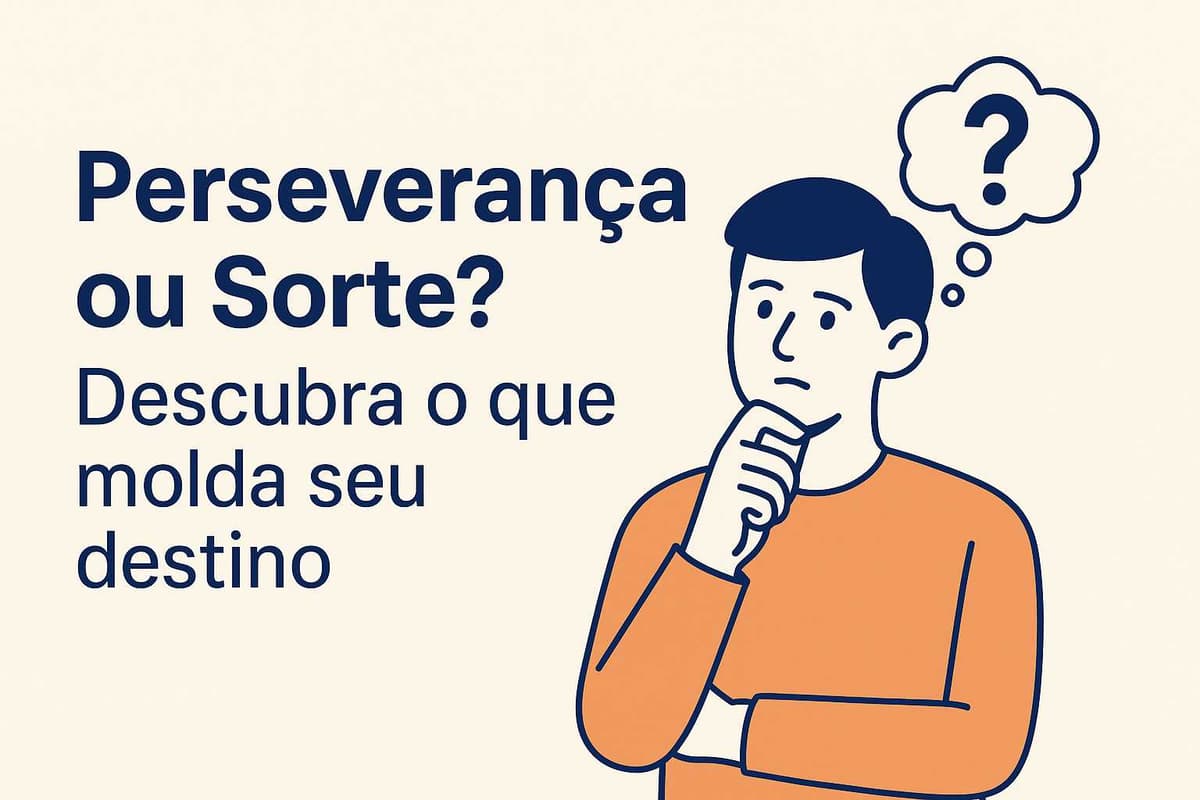 Ilustração vetorial de um homem pensativo com título “Perseverança ou Sorte? Descubra o que molda seu destino” em fundo neutro minimalista.