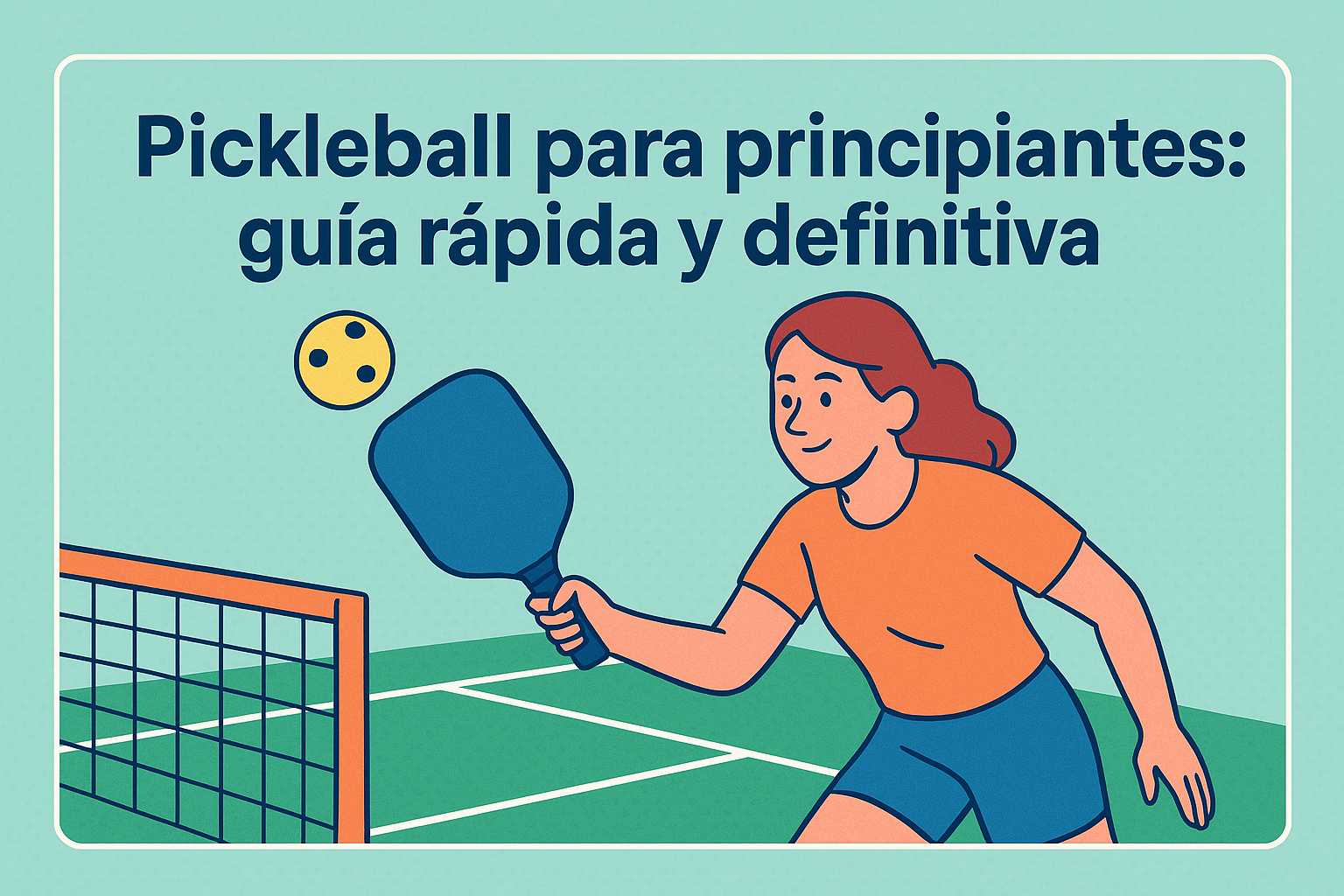 Ilustración digital de una mujer jugando pickleball con una paleta azul y pelota amarilla, junto al título “Pickleball para principiantes: guía rápida y definitiva”.