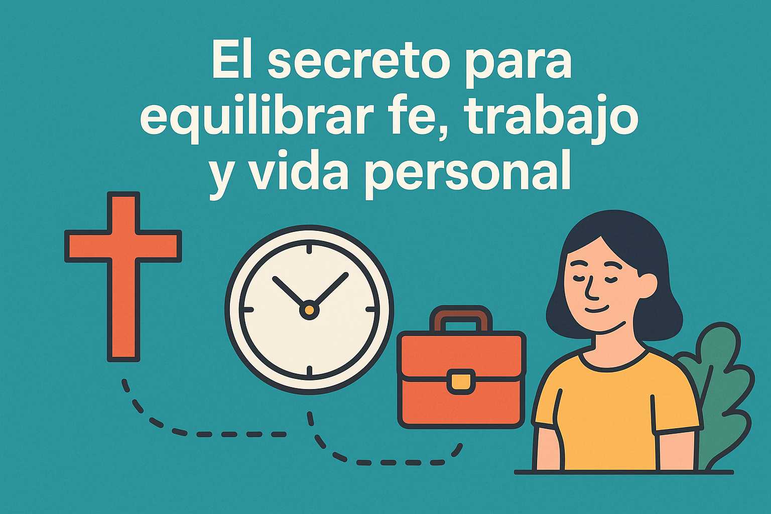 Ilustración digital en estilo plano con íconos de fe, reloj, trabajo y vida personal equilibrados, junto al título “El secreto para equilibrar fe, trabajo y vida personal”.