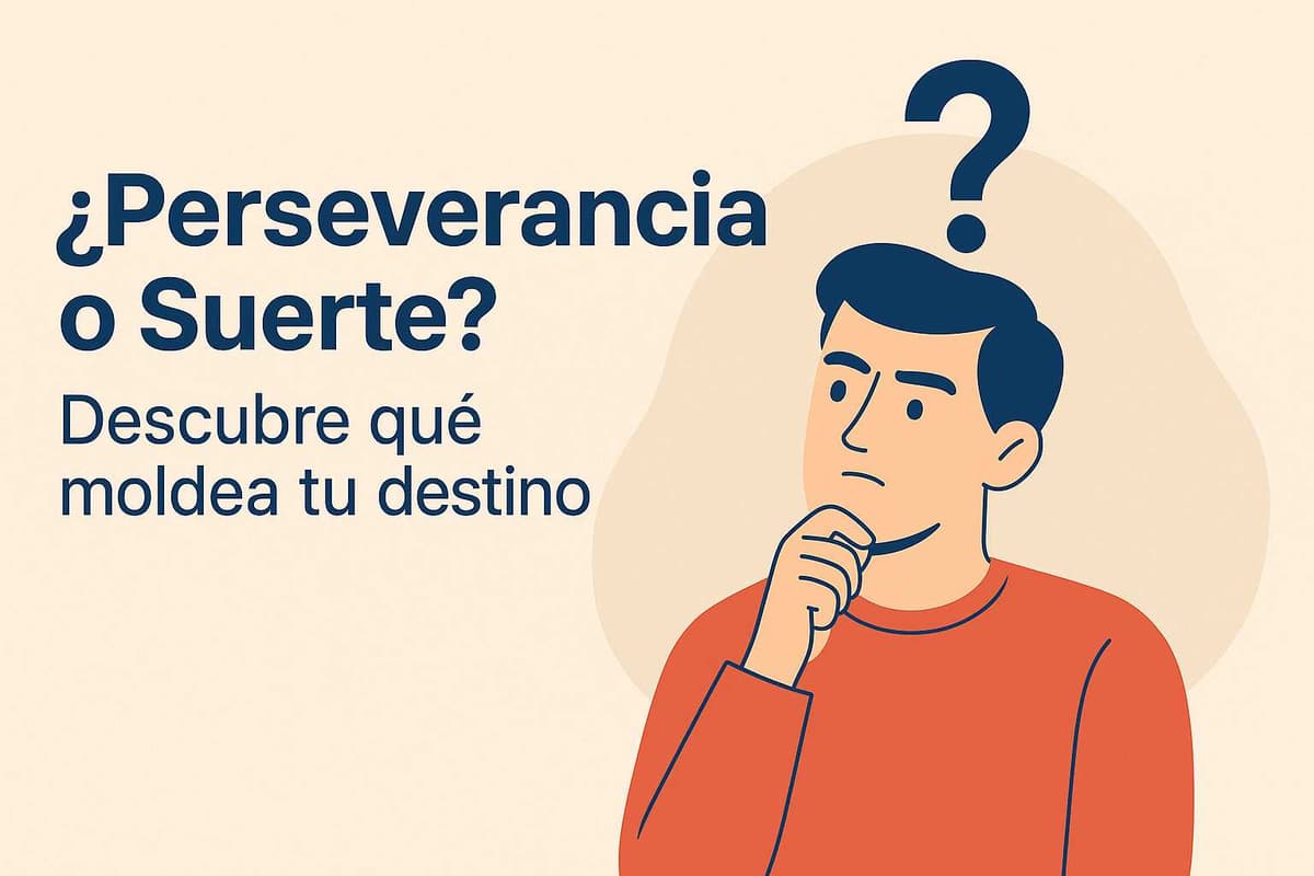 Ilustración vectorial de un hombre pensativo con el título “¿Perseverancia o Suerte? Descubre qué moldea tu destino” sobre fondo neutro minimalista.