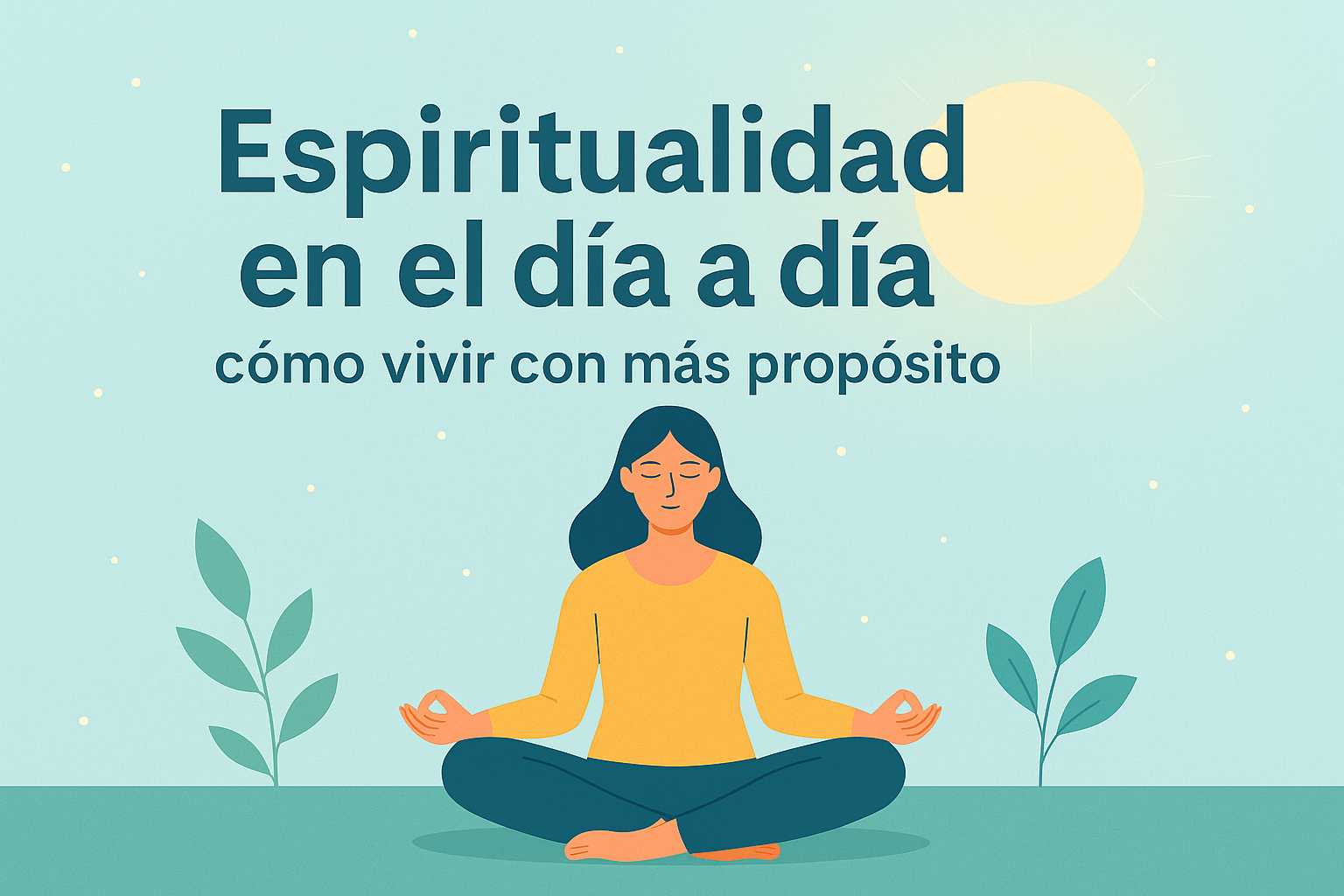 Ilustración vectorial de una persona meditando con un sol dorado y hojas suaves, con el texto "Espiritualidad en el día a día: cómo vivir con más propósito".