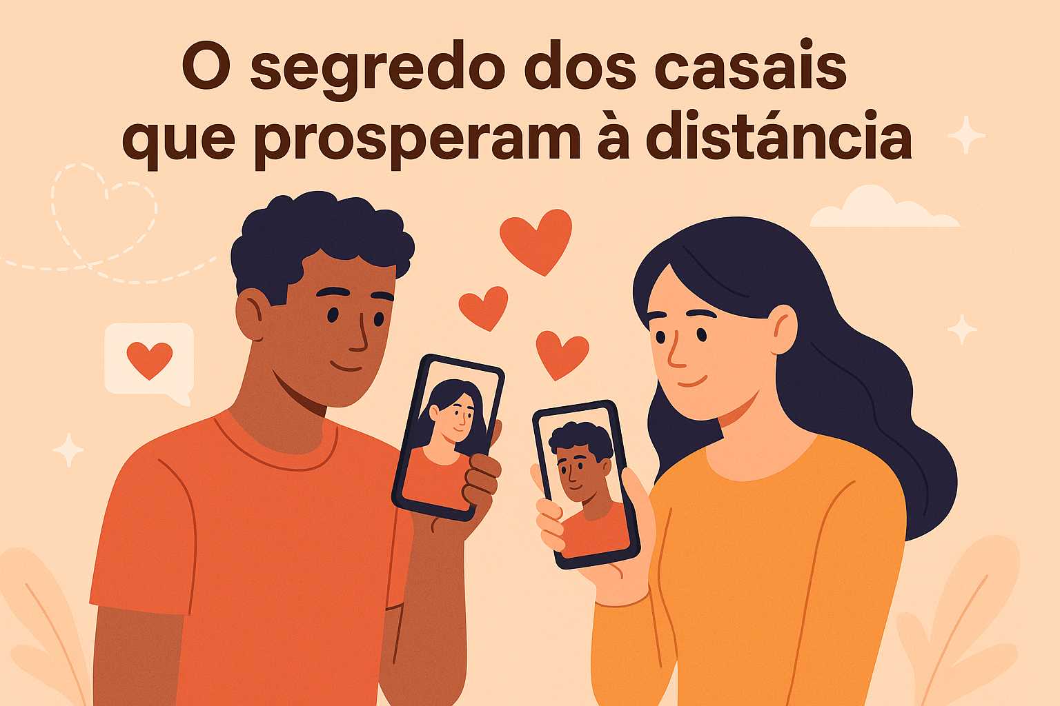 Ilustração vetorial de um casal em chamada de vídeo, sorrindo e trocando olhares, com o título “O segredo dos casais que prosperam à distância”.