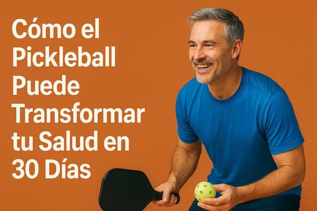 Hombre sonriente sostiene pala y pelota de pickleball sobre fondo naranja con texto: “Cómo el Pickleball puede transformar tu salud en 30 días”.