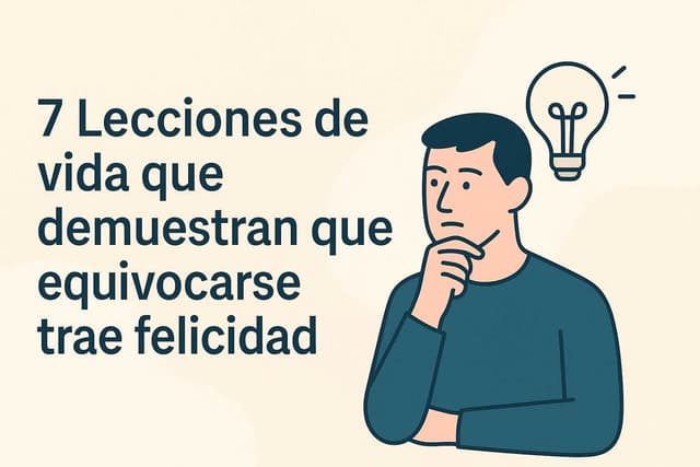 Ilustración plana muestra a un hombre pensativo junto a un ícono de bombilla, con el título “7 Lecciones de vida que demuestran que equivocarse trae felicidad”.