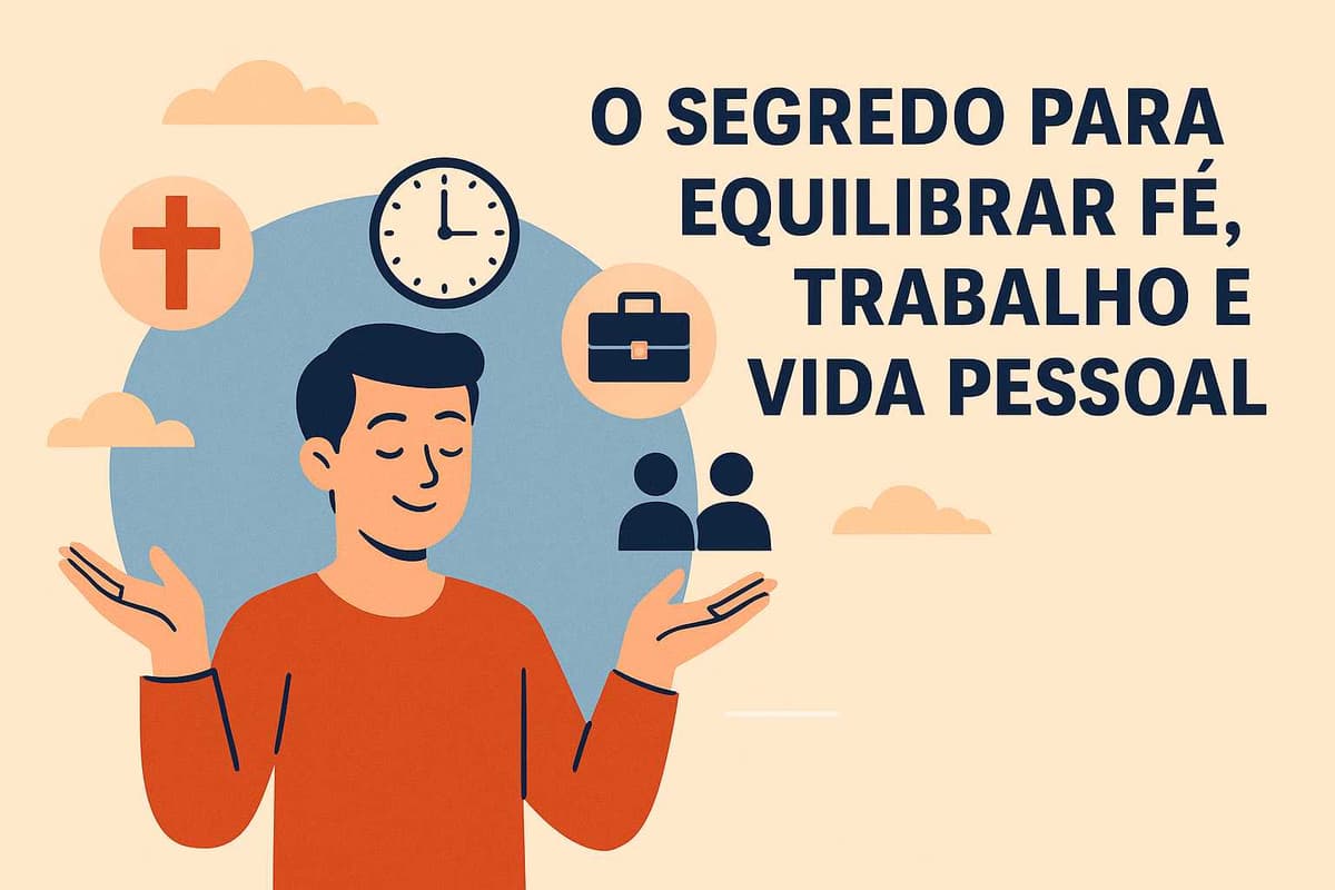 Ilustração vetorial mostrando um homem equilibrando símbolos de fé, tempo, trabalho e vida pessoal, com o título “O segredo para equilibrar fé, trabalho e vida pessoal”.