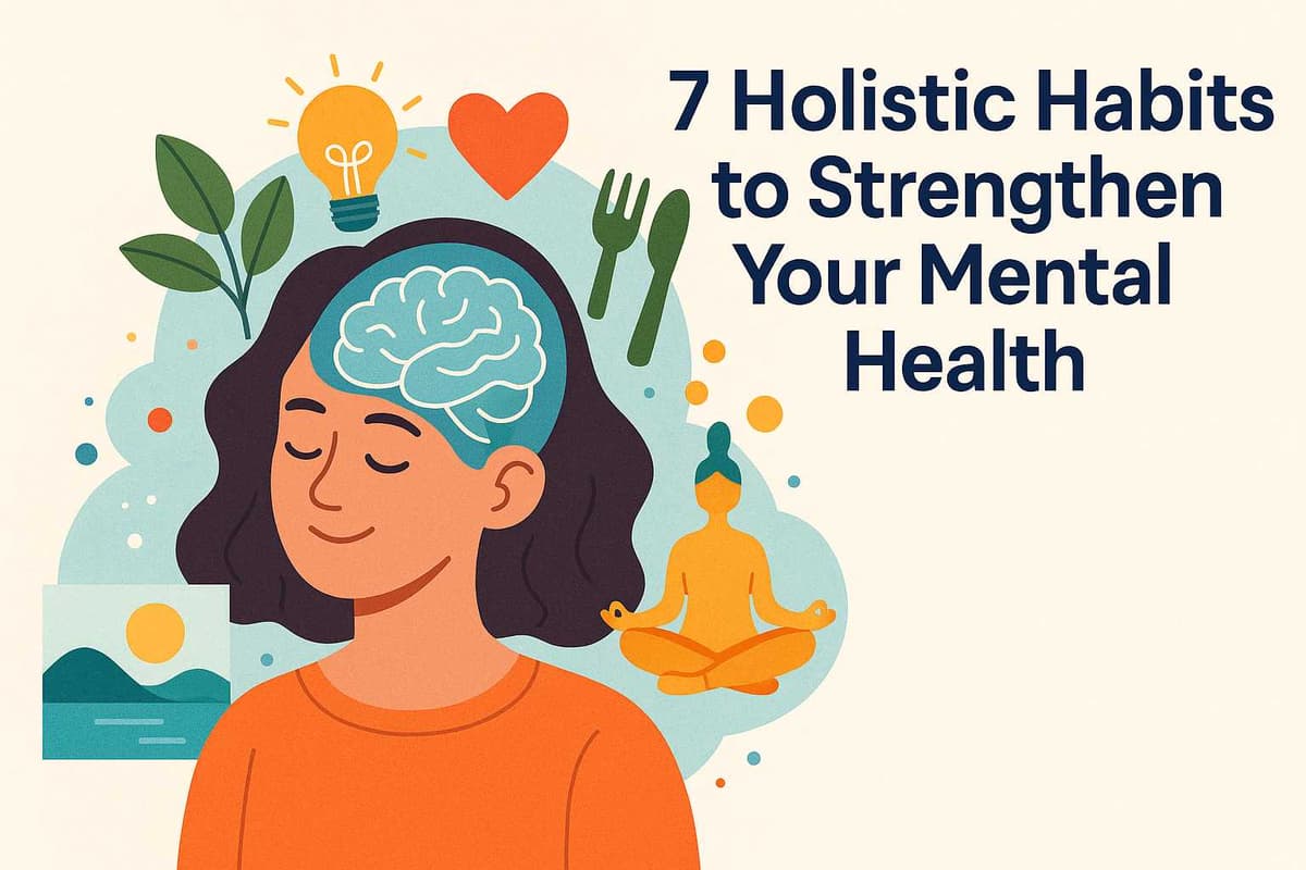 Young woman meditating with wellness icons around her, like plants, heart, brain, and yoga pose, illustrating 7 holistic habits for mental health.