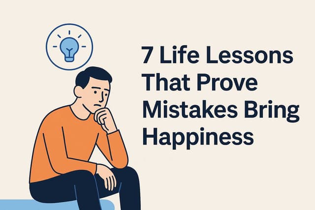 Flat vector cover illustration of a thoughtful man with a lightbulb beside him, featuring the title “7 Life Lessons That Prove Mistakes Bring Happiness”.