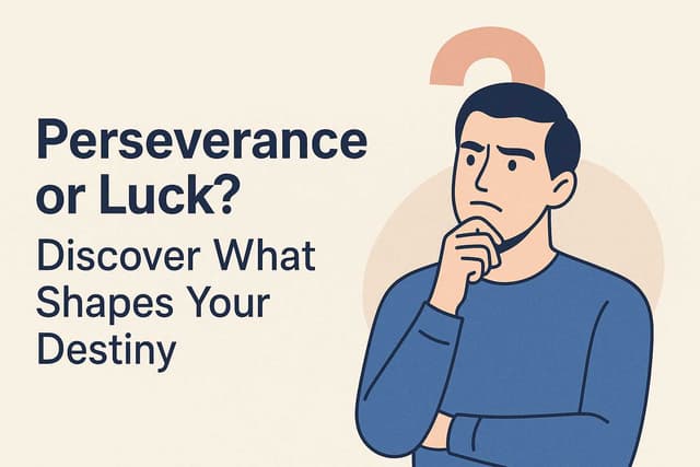 Vector illustration of a thoughtful man with the title “Perseverance or Luck? Discover What Shapes Your Destiny” on a clean neutral background.