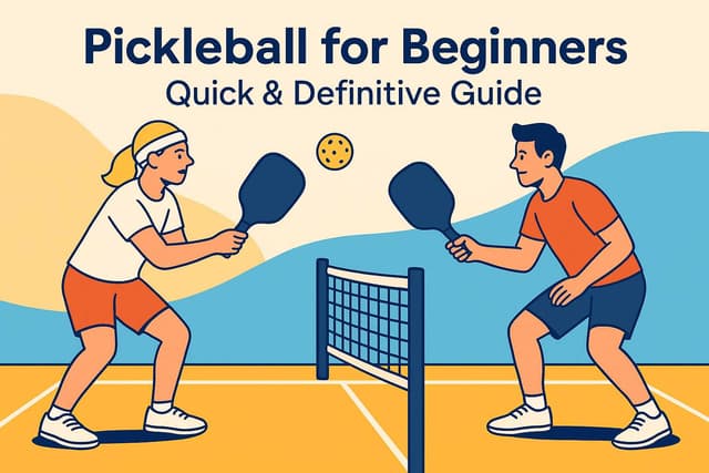 Vector illustration of two beginners playing pickleball on court with paddles and ball, under the title "Pickleball for Beginners: Quick & Definitive Guide".