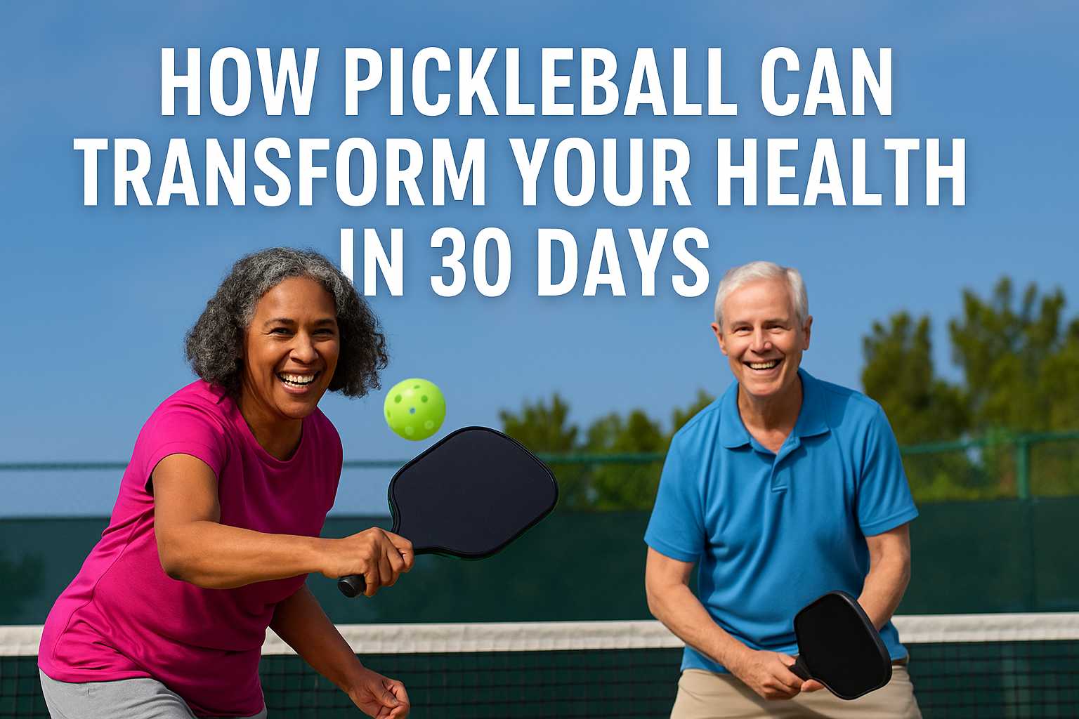 Smiling couple playing pickleball outdoors on a sunny day with bold text above reading “How Pickleball Can Transform Your Health in 30 Days”.