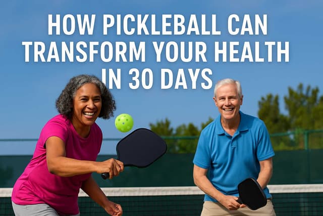 Smiling couple playing pickleball outdoors on a sunny day with bold text above reading “How Pickleball Can Transform Your Health in 30 Days”.