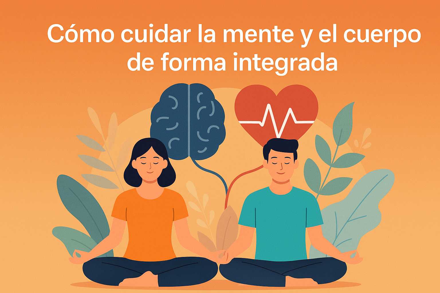 Imagen con el título "Cómo cuidar la mente y el cuerpo de forma integrada", mostrando personas meditando, con íconos de cerebro y corazón al fondo.