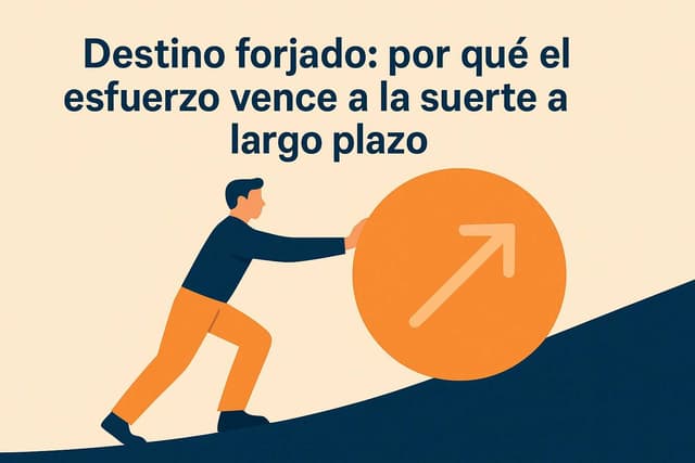 Ilustración plana de hombre empujando un círculo con flecha, simbolizando superación. Texto: Destino forjado: por qué el esfuerzo vence a la suerte a largo plazo.