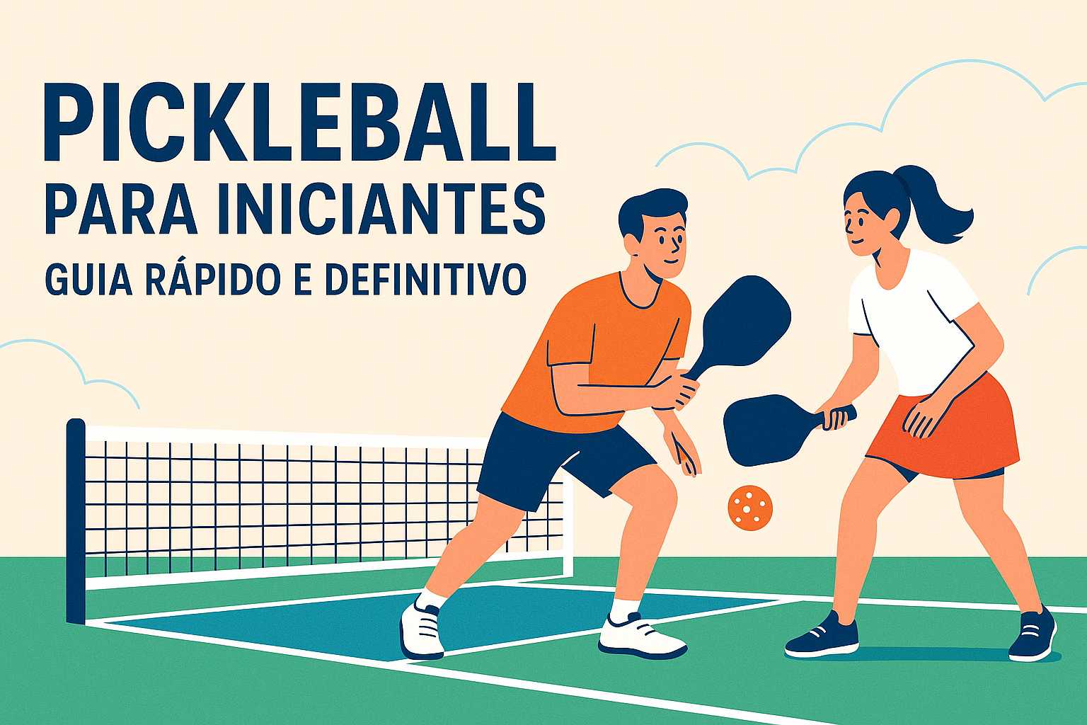 Ilustração vetorial de dois iniciantes jogando pickleball em uma quadra, com raquetes e bola laranja, sob o título "Pickleball para Iniciantes: Guia Rápido e Definitivo".