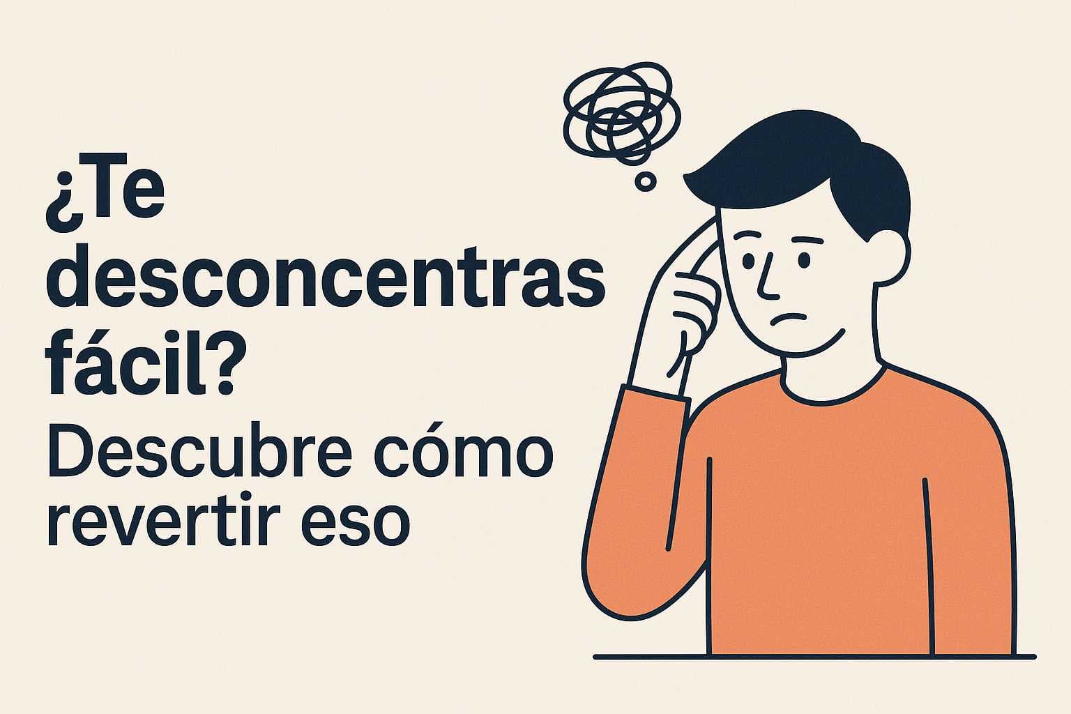 Diseño ilustrado con hombre pensativo y globo mental enredado, junto al título “¿Pierdes el enfoque fácilmente? Descubre cómo revertir eso”, en fondo claro y moderno.