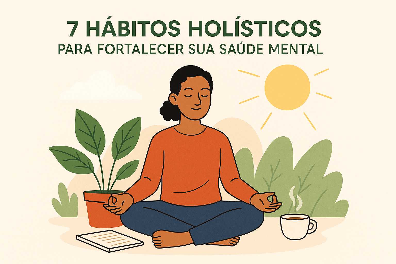 Pessoa meditando em um ambiente natural com sol, plantas, chá e caderno, representando 7 hábitos holísticos para fortalecer a saúde mental.
