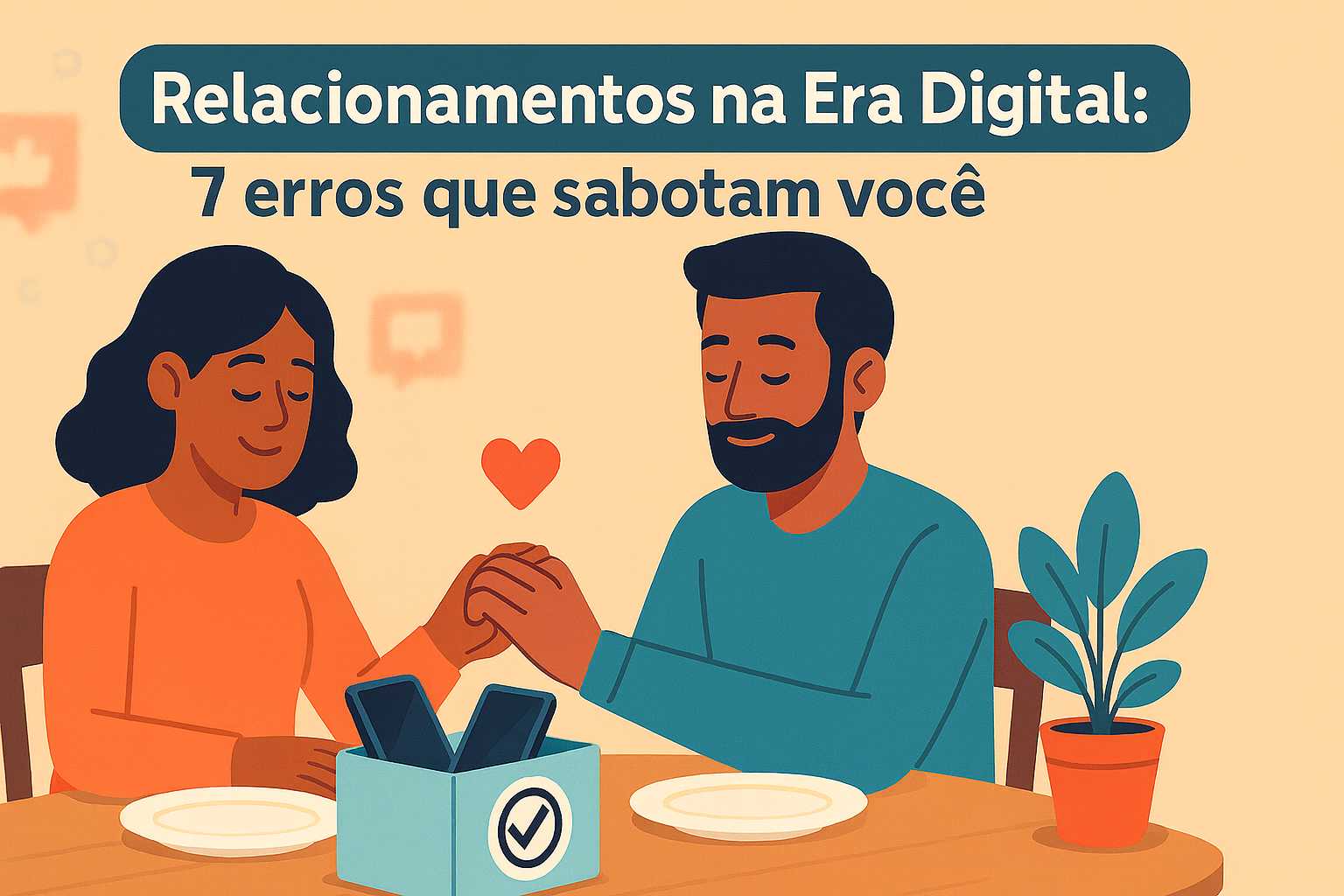 Capa: “Relacionamentos na Era Digital: 7 erros que sabotam você”. Casal de mãos dadas no jantar, caixa com símbolo de “sem celular”, clima acolhedor e foco na presença.