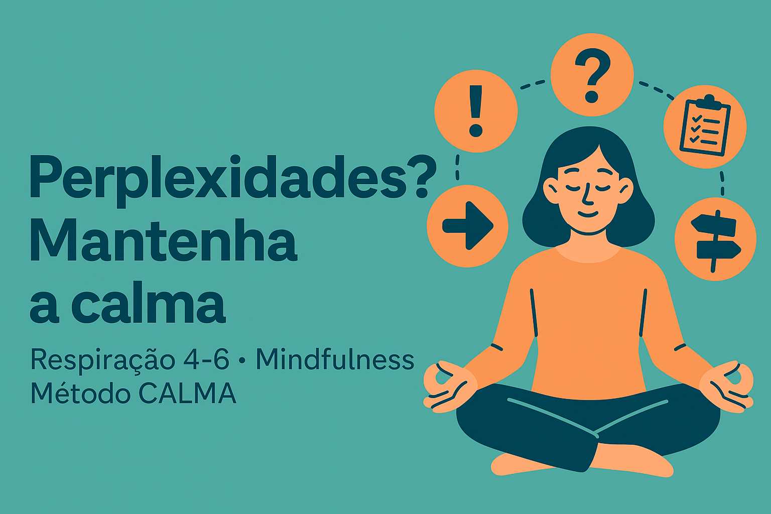 Personagem meditando em estilo vetorial e menções a Respiração 4–6, Mindfulness e método CALMA.