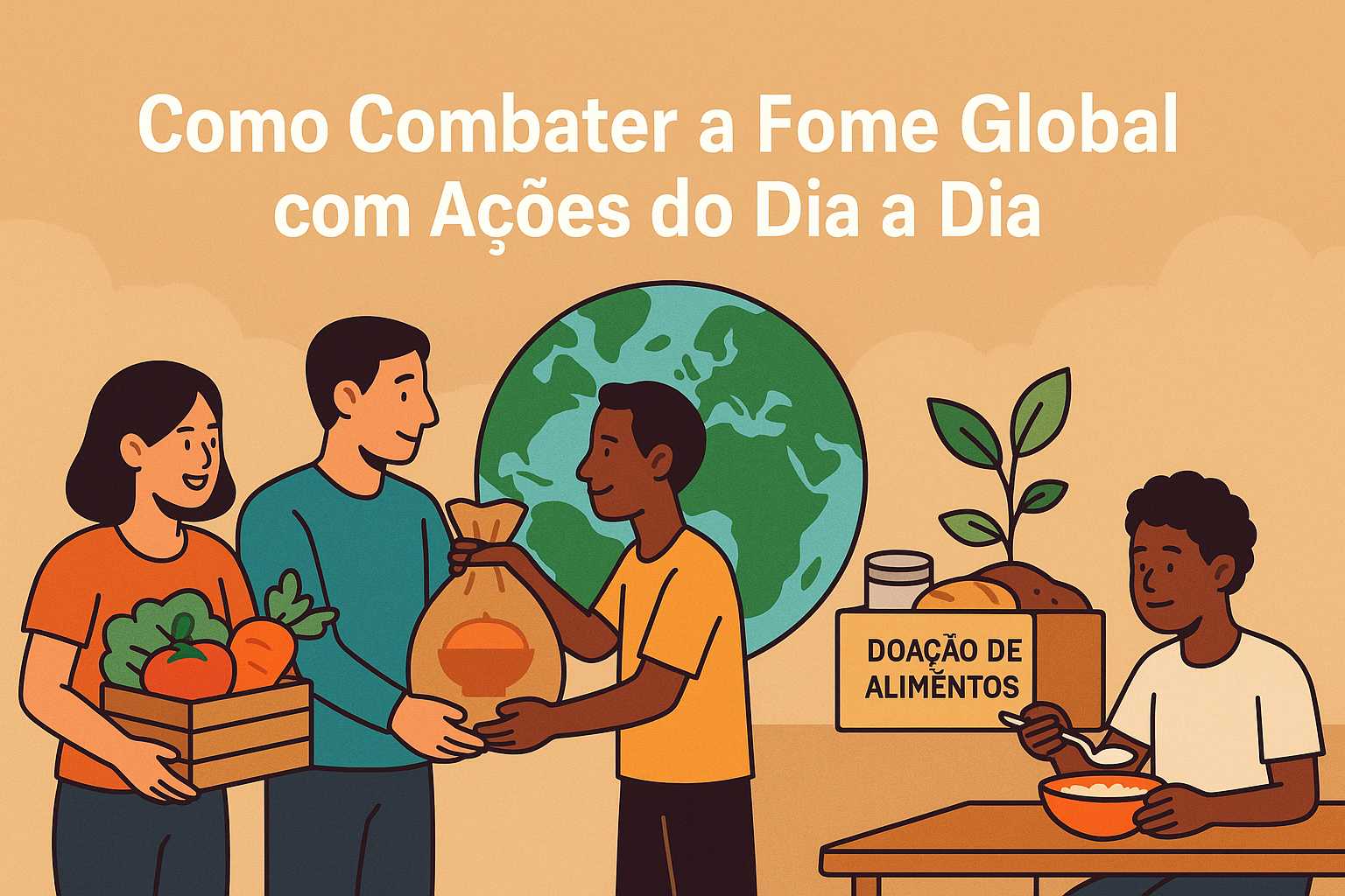 Ilustração vetorial de pessoas doando alimentos com o título “Como Combater a Fome Global com Ações do Dia a Dia”, simbolizando solidariedade e esperança.