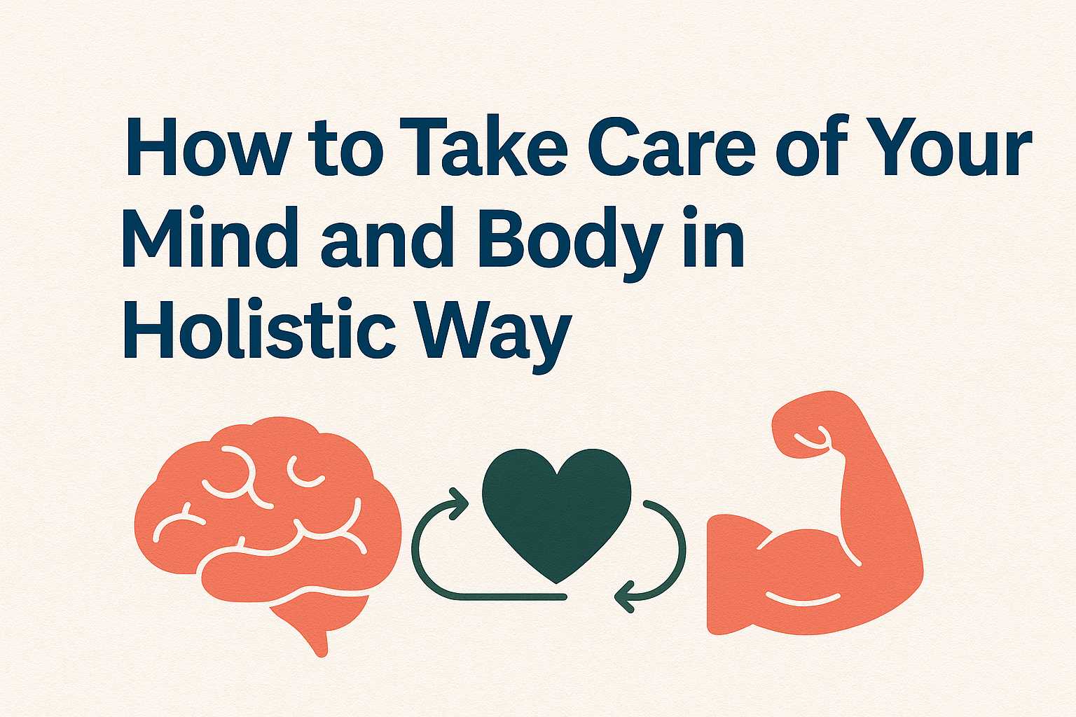 Cover reading "How to Take Care of Your Mind and Body in Holistic Way", with brain, heart, and bicep icons representing mind-body connection and balance.