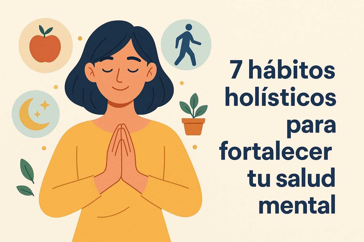 Mujer joven en meditación con íconos de bienestar como luna, manzana y planta, representando 7 hábitos holísticos para fortalecer la salud mental.