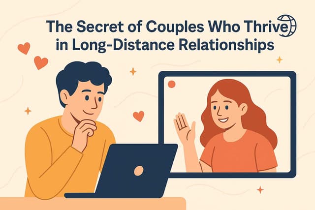 Flat vector illustration of a couple on a video call, smiling warmly at each other, with the title “The Secret of Couples Who Thrive in Long-Distance Relationships”.