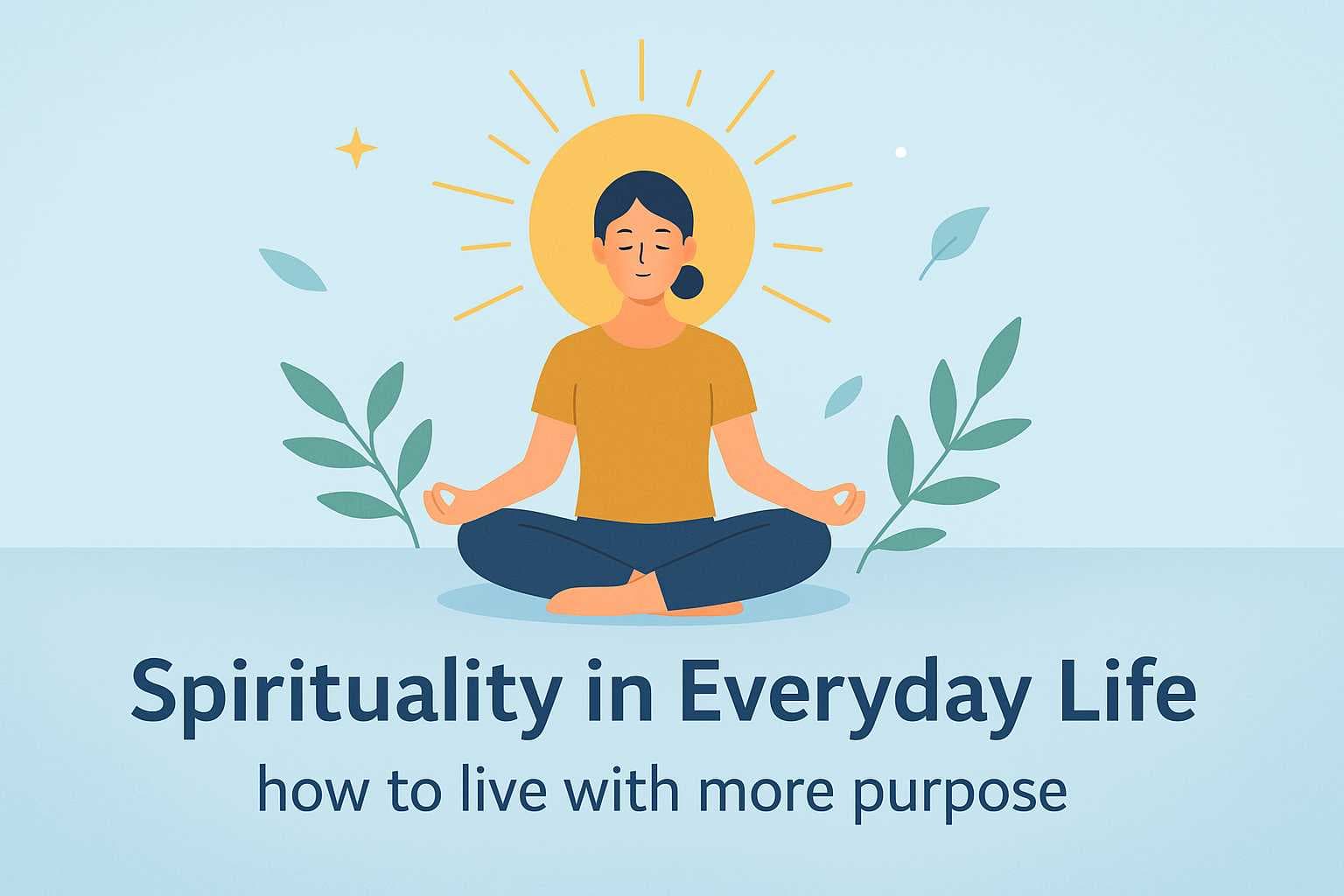 Vector illustration of a person meditating under a golden sun with soft plants, featuring the title "Spirituality in Everyday Life: how to live with more purpose".