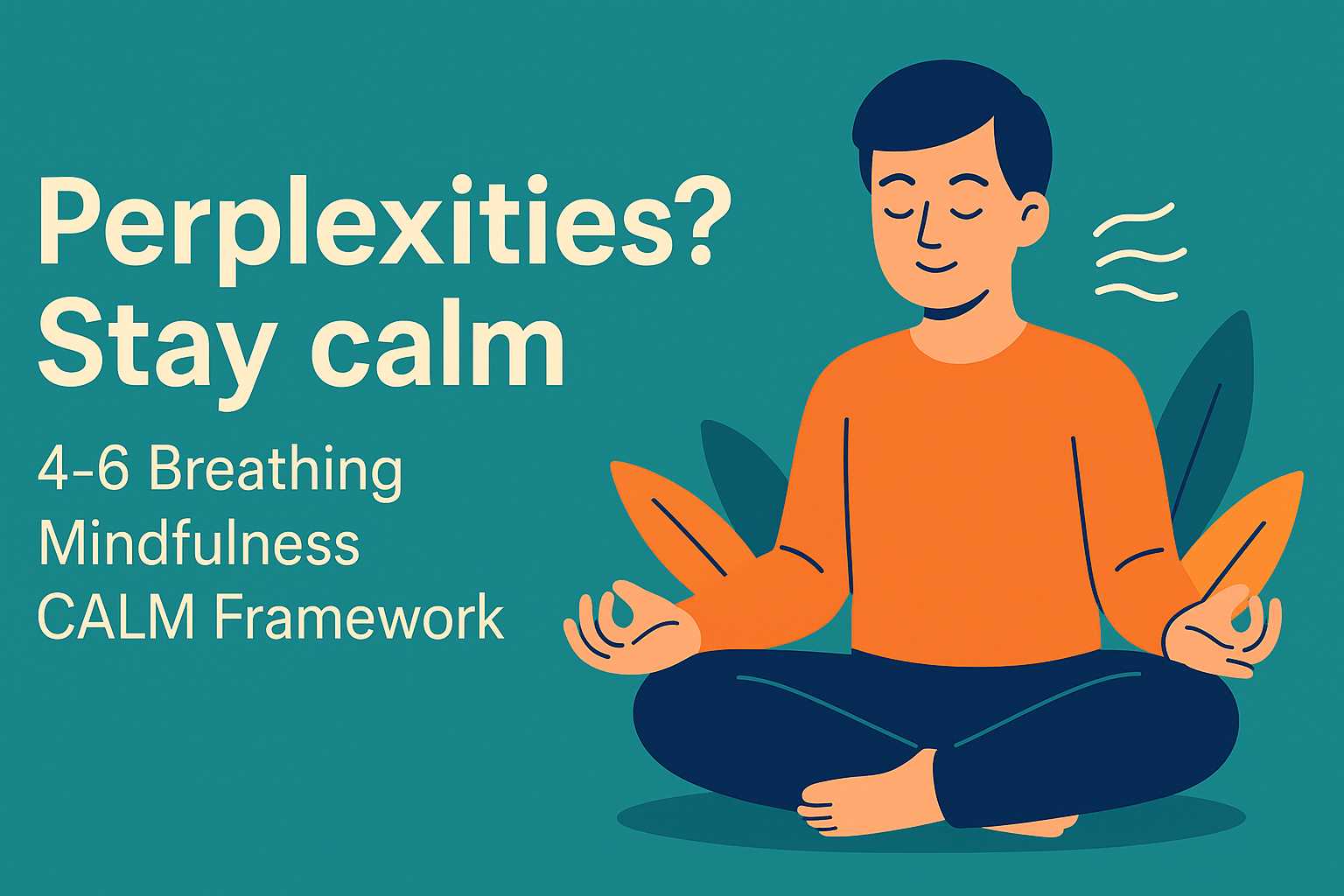 Person meditating on a teal background, highlighting 4–6 Breathing, Mindfulness, and the CALM framework.