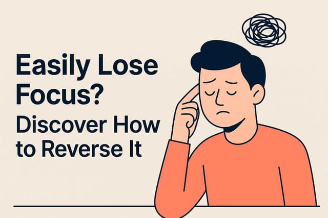 Flat vector image of a confused man with a thought cloud and the headline “Easily Lose Focus? Discover How to Reverse It” on a clean, neutral background.