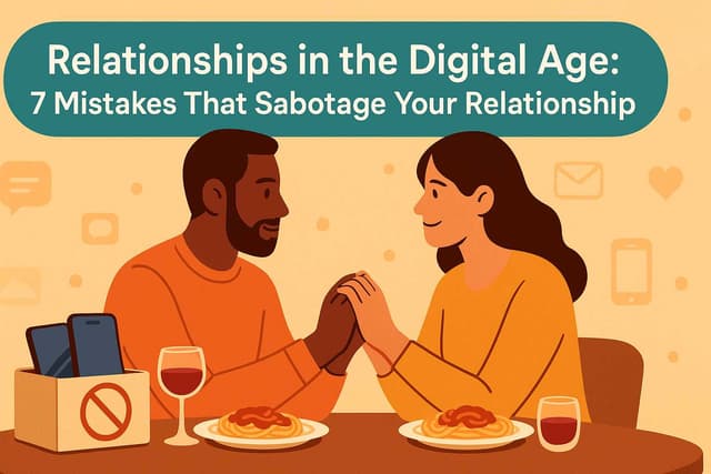 Cover: “Relationships in the Digital Age: 7 Mistakes That Sabotage Your Relationship”. Couple holding hands at dinner, no-phone box, spaghetti and wine, warm tones.
