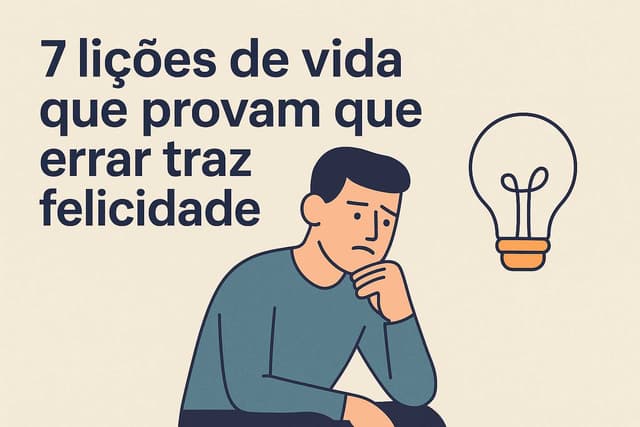 Capa ilustrada em estilo vetorial mostra um homem pensativo ao lado de uma lâmpada, com o título “7 lições de vida que provam que errar traz felicidade”.