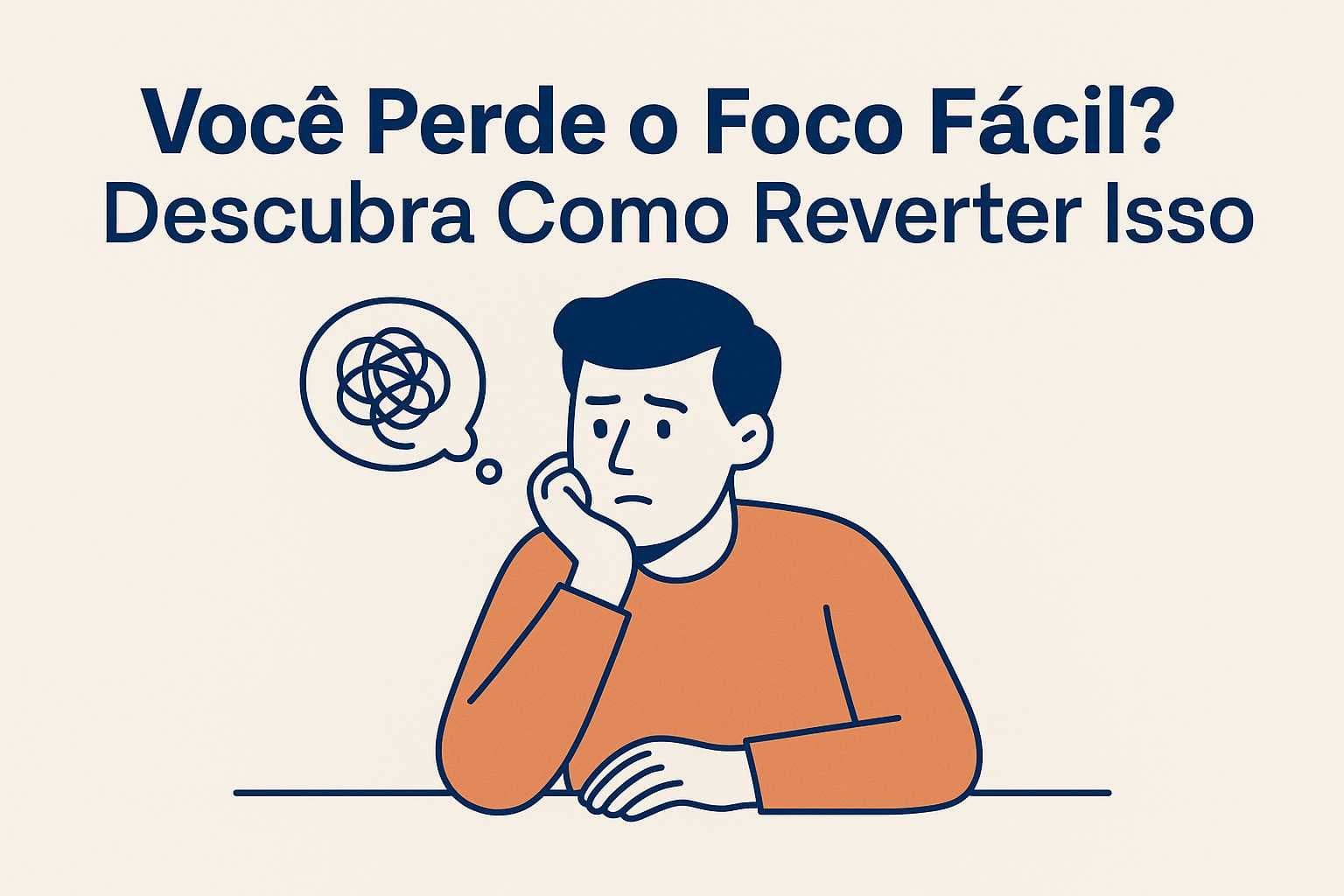 Ilustração vetorial de homem pensativo com expressão confusa e o texto “Você Perde o Foco Fácil? Descubra Como Reverter Isso”, em estilo limpo e minimalista.