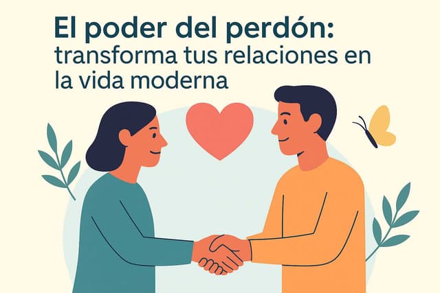 lustración vectorial de dos personas dándose la mano frente a un corazón, con el título “El poder del perdón: transforma tus relaciones en la vida moderna”.
