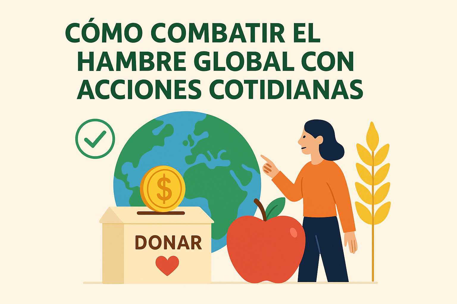 Ilustración vectorial con el título “Cómo Combatir el Hambre Global con Acciones Cotidianas”, mostrando donación de alimentos y solidaridad global.
