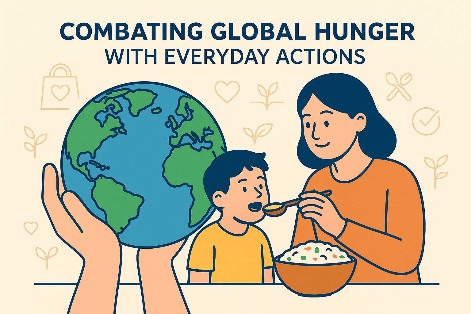 Flat vector illustration with title “How to Fight Global Hunger with Everyday Actions”, showing people sharing food and a globe as symbol of hope.