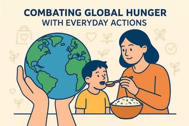 Flat vector illustration with title “How to Fight Global Hunger with Everyday Actions”, showing people sharing food and a globe as symbol of hope.