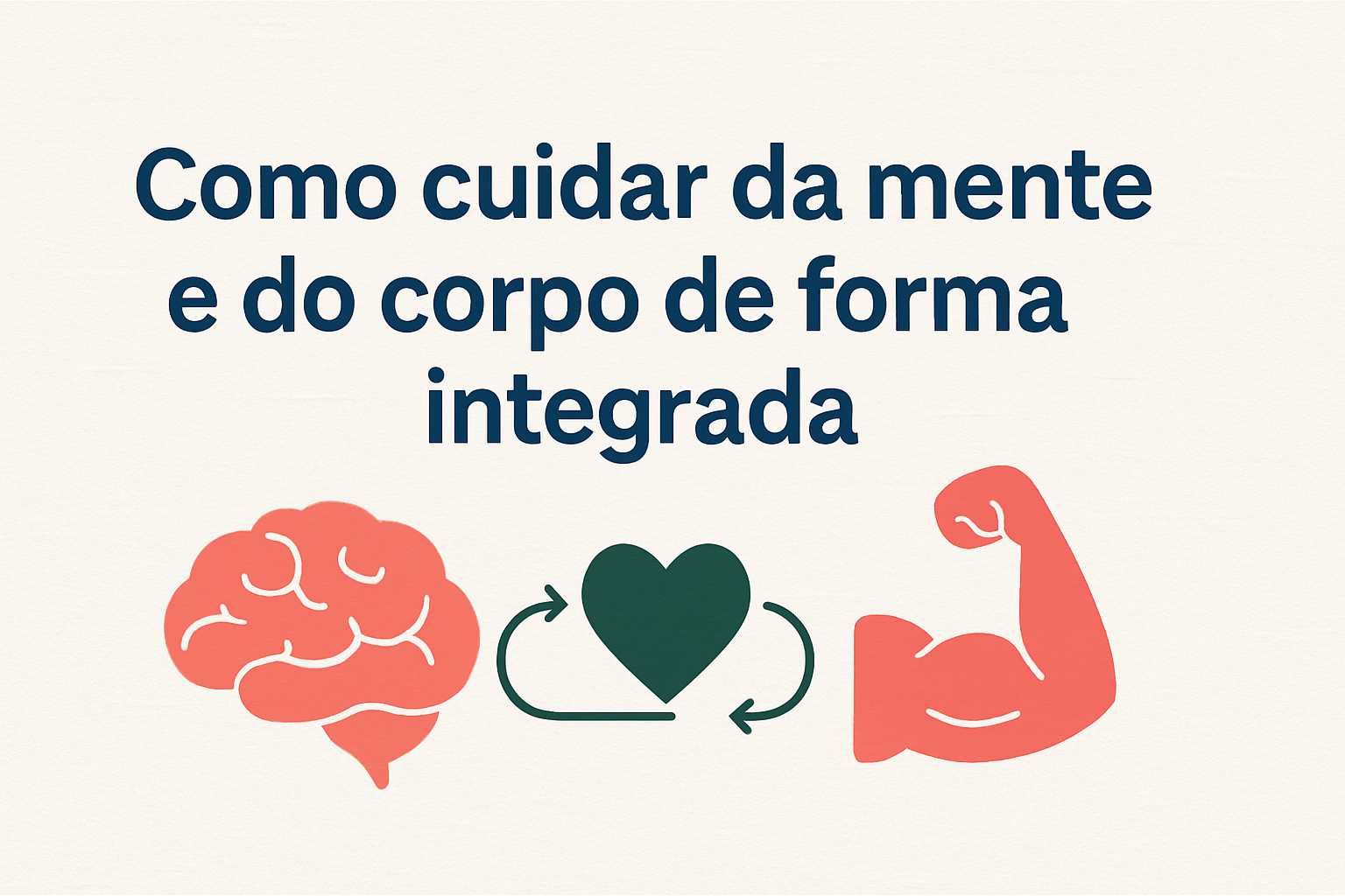 Capa com o título "Como cuidar da mente e do corpo de forma integrada", com ícones de cérebro, coração e músculo simbolizando equilíbrio físico e mental.