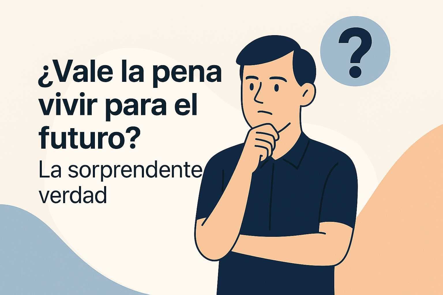 Ilustración vectorial minimalista de un hombre pensativo con la mano en el mentón, junto a un signo de interrogación, simbolizando duda sobre el futuro.