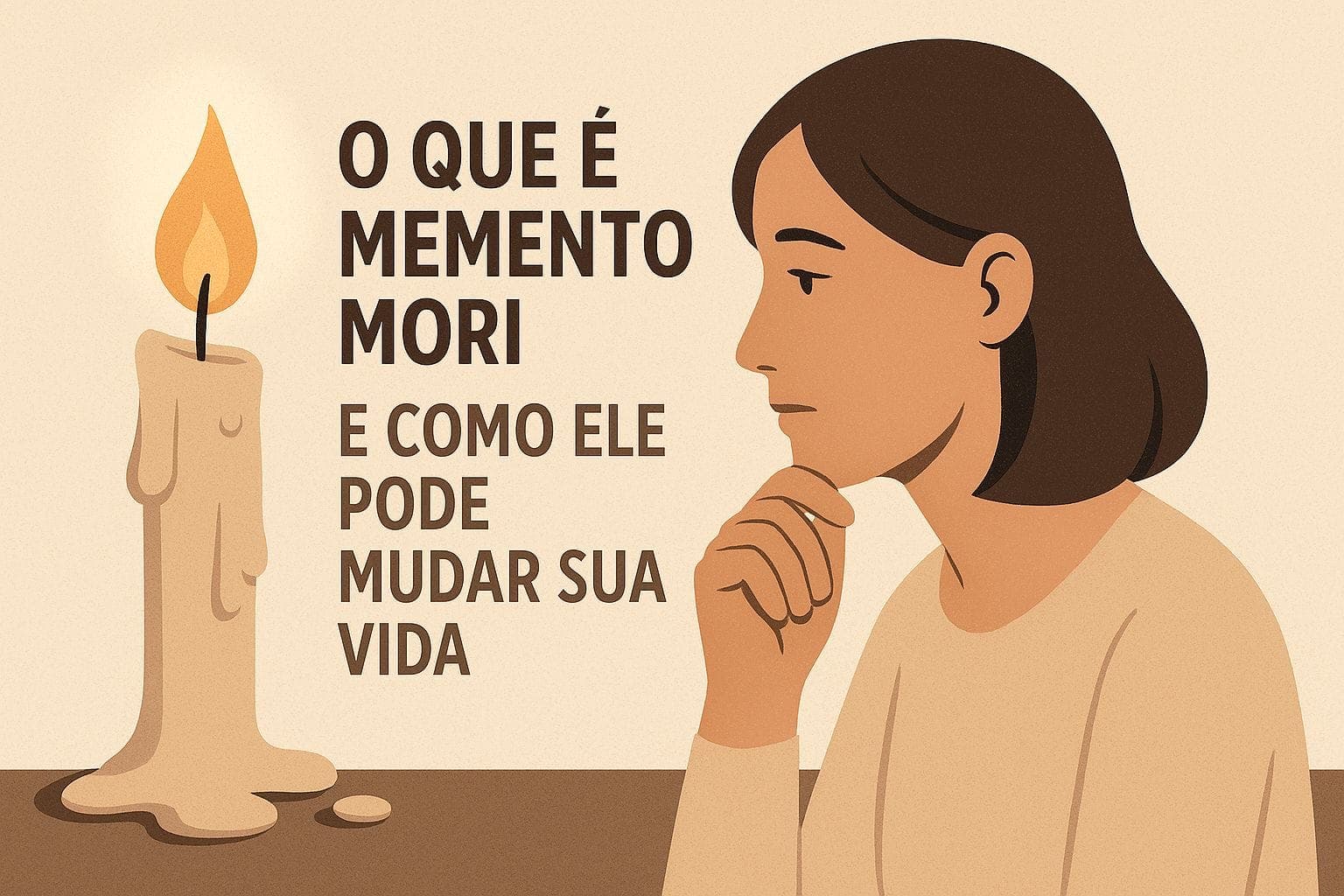 Mulher pensativa observa uma vela derretendo, ao lado do texto "O Que é Memento Mori e Como Ele Pode Mudar Sua Vida", em estilo vetorial minimalista.