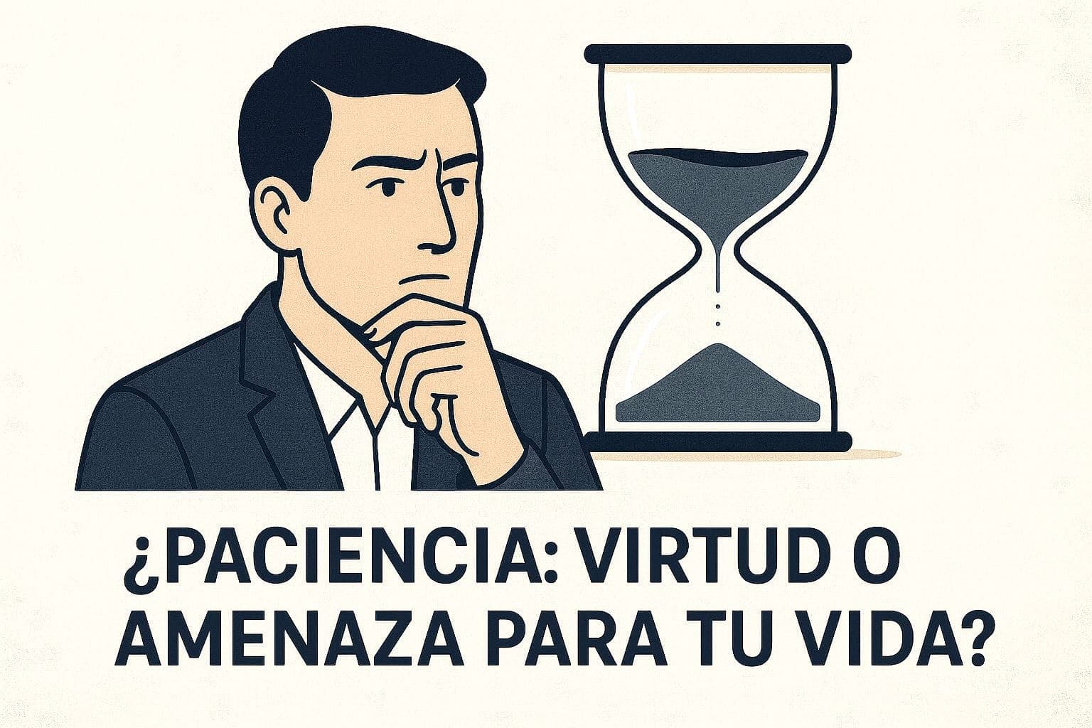 Ilustración de un hombre pensativo junto a un reloj de arena con el texto “¿PACIENCIA: VIRTUD O AMENAZA PARA TU VIDA?” en estilo minimalista y profesional.