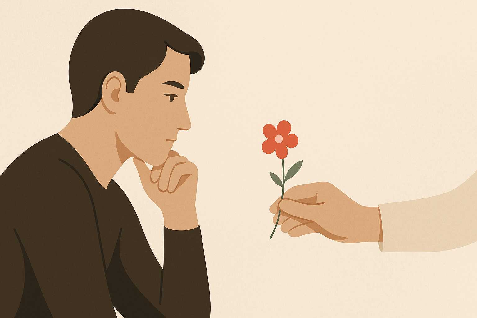 A pensive man looks at a red flower being offered by a hand, symbolizing the impact of small acts of kindness. Minimalist vector with soft textures.