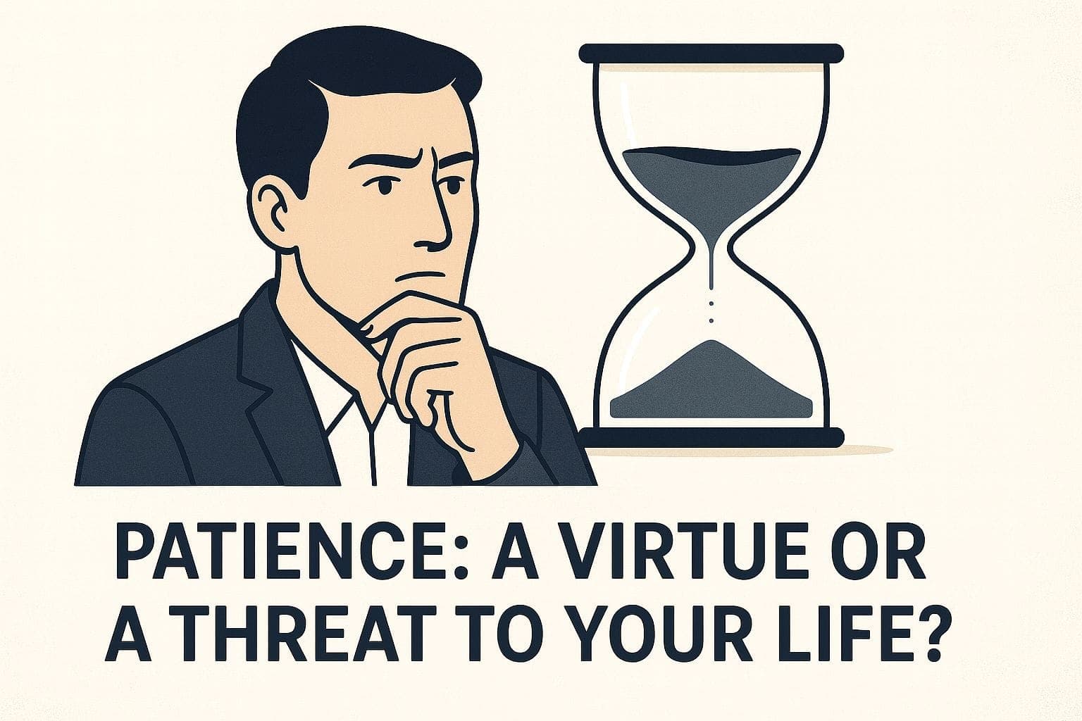 Vector illustration of a thoughtful man beside an hourglass with the text “PATIENCE: A VIRTUE OR A THREAT TO YOUR LIFE?” in a clean, minimalist journalistic style.