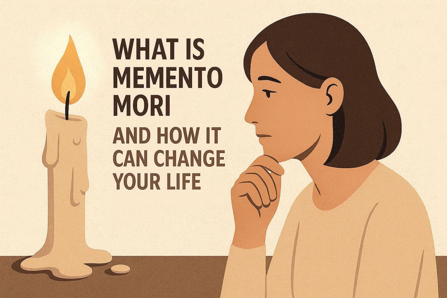 Thoughtful woman looks at a melting candle, beside the title "What Is Memento Mori and How It Can Change Your Life", in a clean, modern vector style.