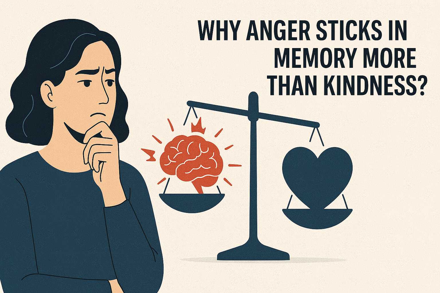 A thoughtful woman looks at a scale with a brain and heart, asking: "Why anger sticks in memory more than kindness?"