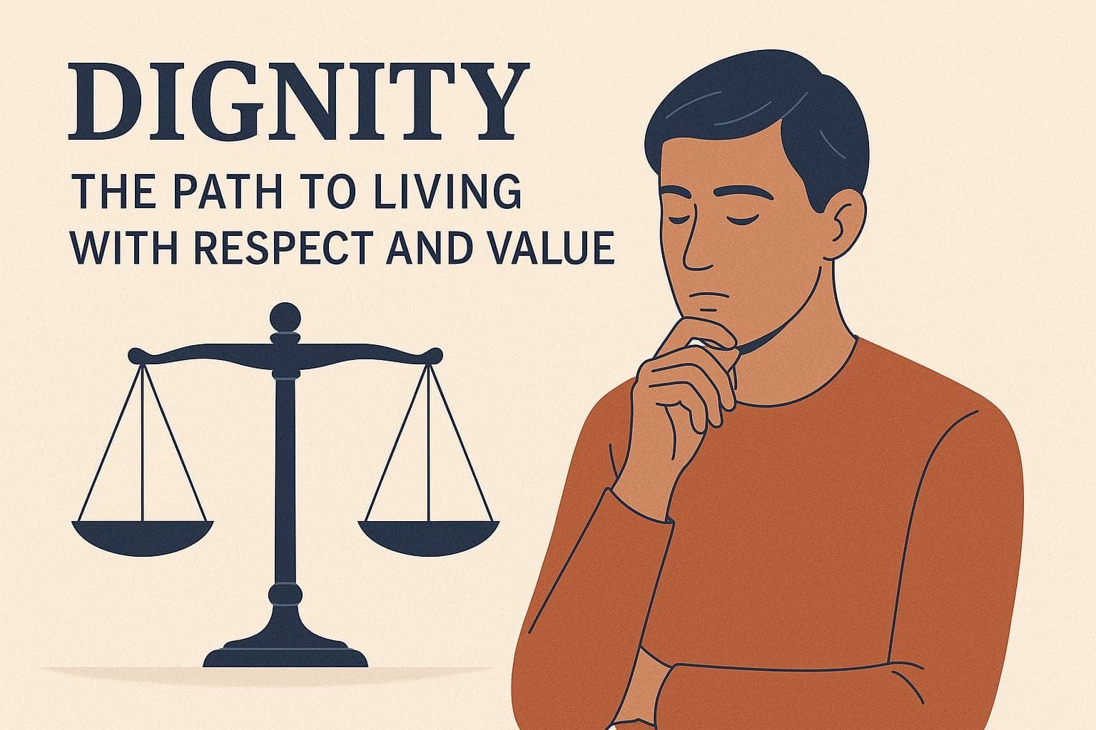 Thoughtful man beside a classic scale with the text "Dignity: The Path to Living with Respect and Value", in a clean and modern vector minimalist style.