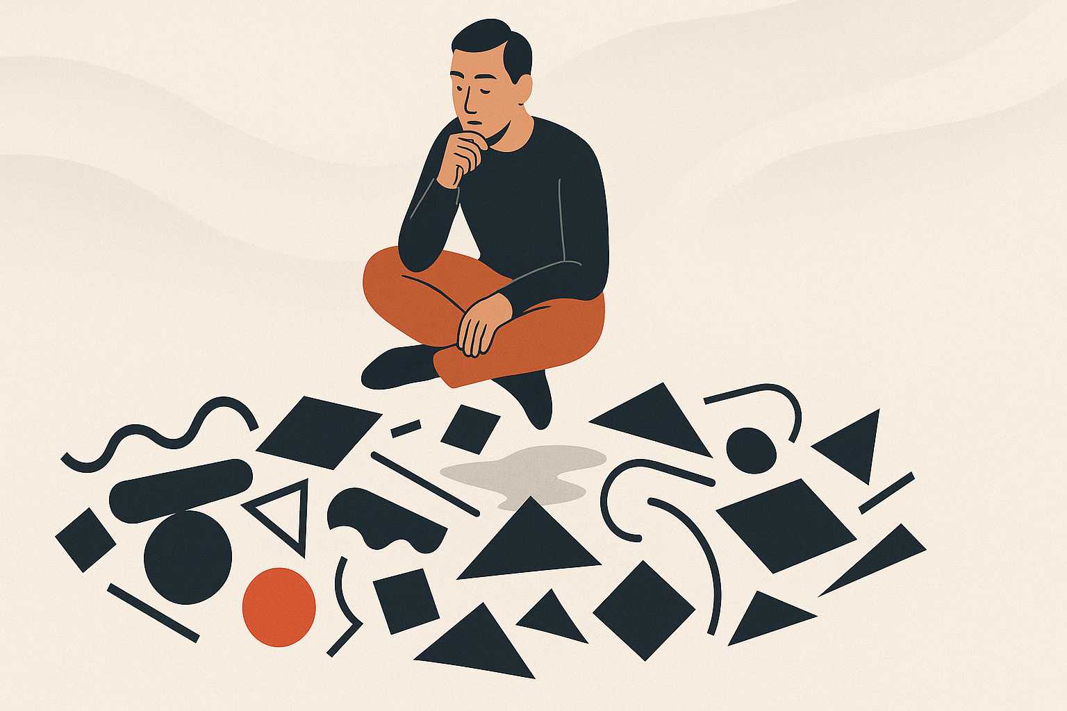 Thoughtful man floating above chaotic geometric shapes on a textured light background, symbolizing balance amidst uncertainty.