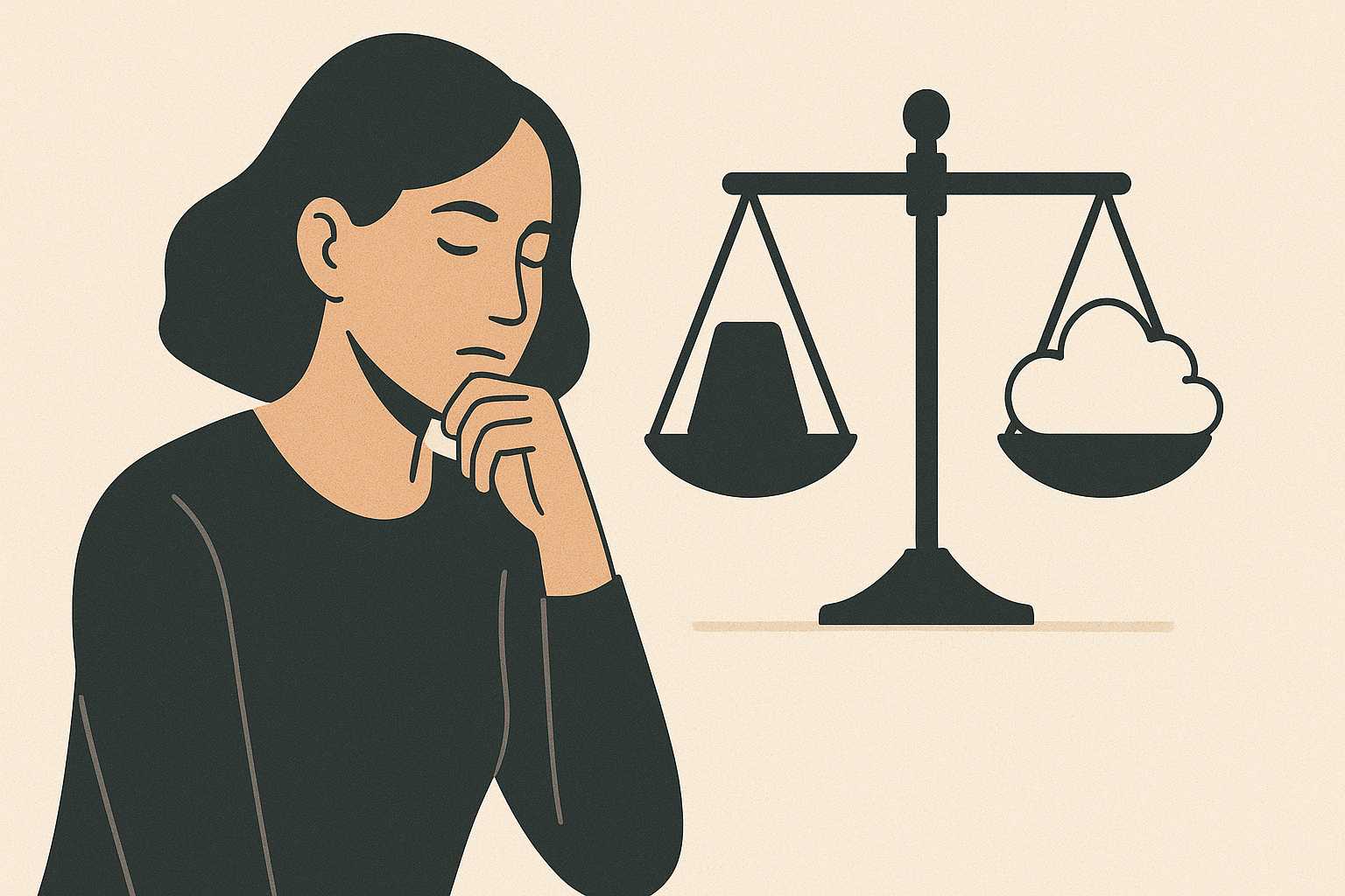 Una mujer pensativa observa una balanza con un peso oscuro de un lado y una nube clara del otro, simbolizando el equilibrio entre el apego emocional y la ligereza. Estilo minimalista.