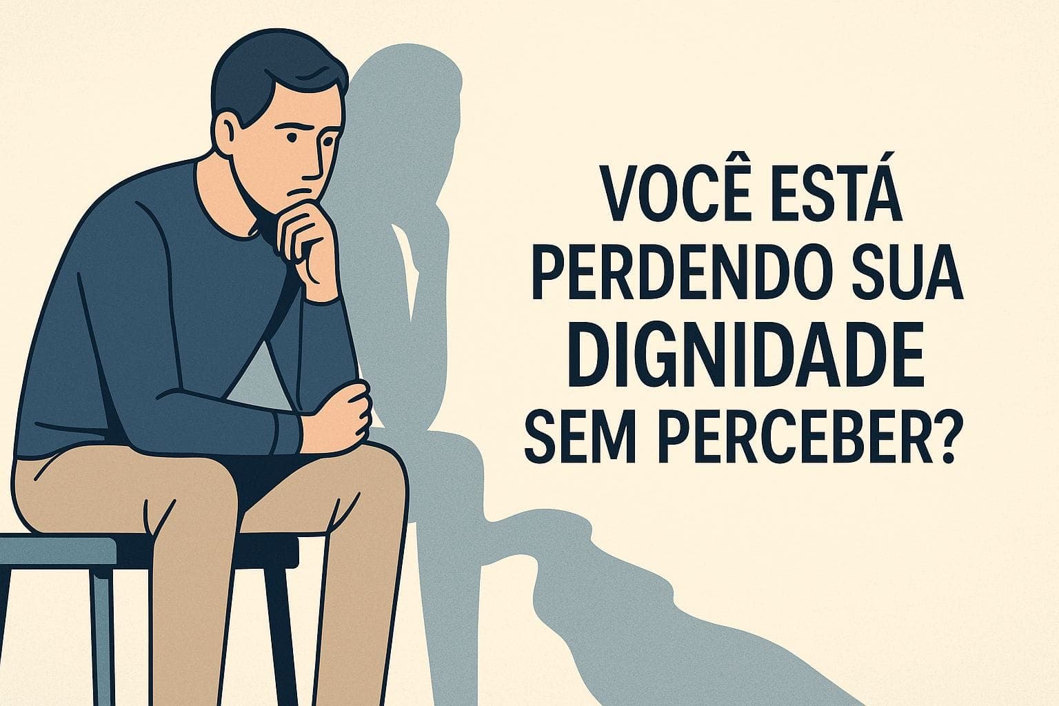 Homem pensativo sentado em uma cadeira, com sombra distorcida ao fundo e a frase “Você Está Perdendo Sua Dignidade Sem Perceber?” em destaque à direita.