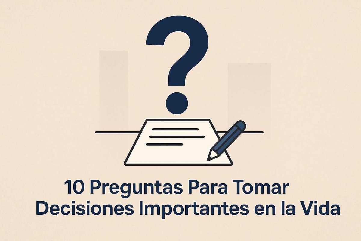 Ilustración minimalista con un signo de interrogación, papel y bolígrafo, con el texto “10 Preguntas Para Tomar Decisiones Importantes en la Vida